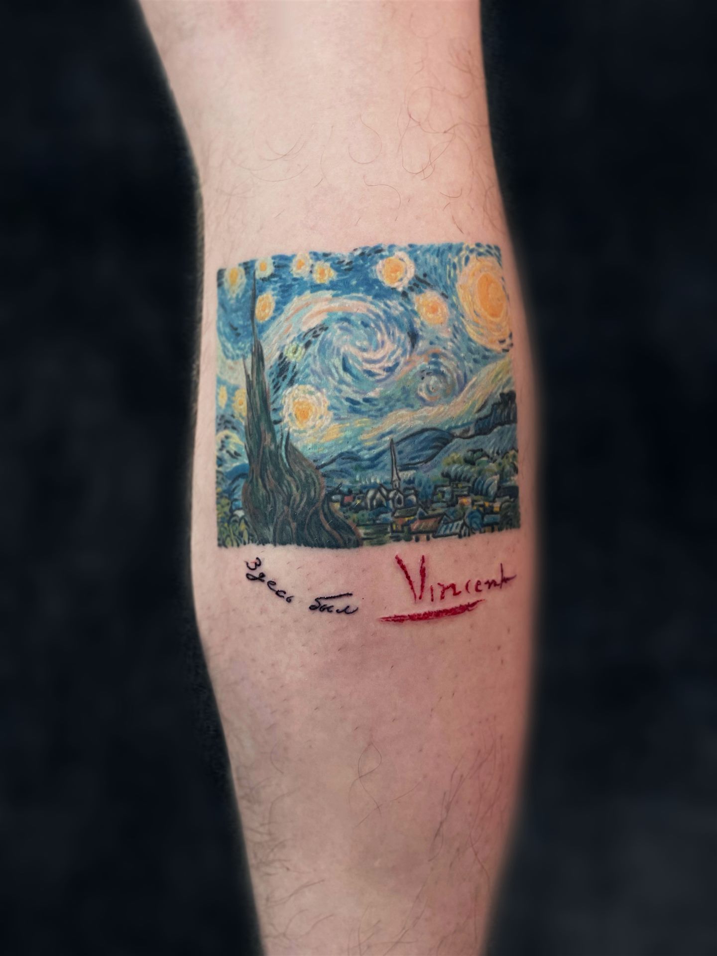 Van Gogh Starry Night tattoo on leg
